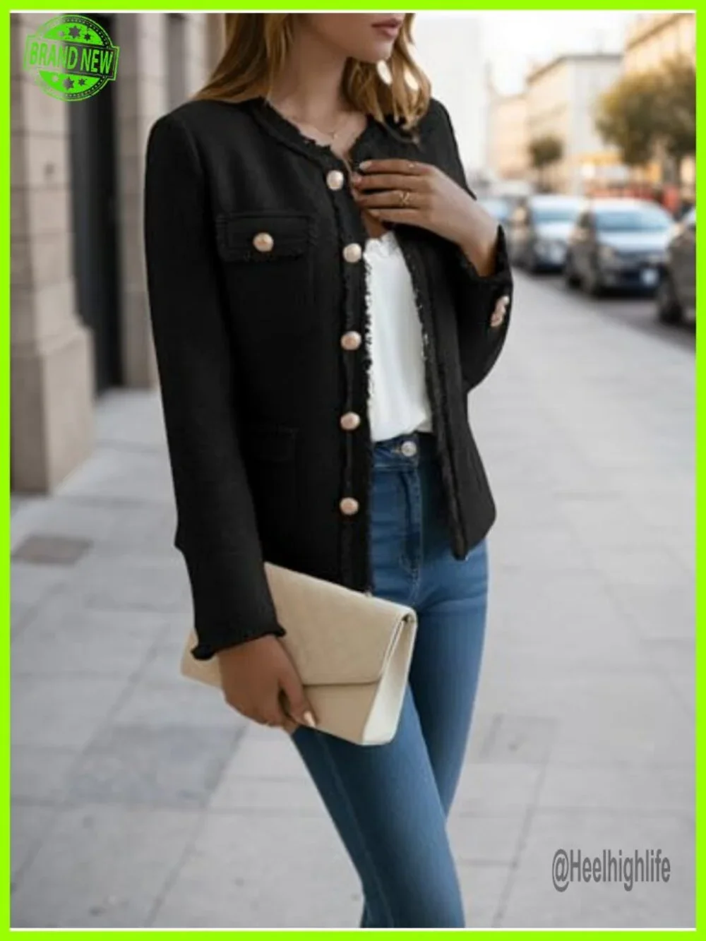 Tweed Blazer Jacket Crewneck Open Front Office Coat Pockets